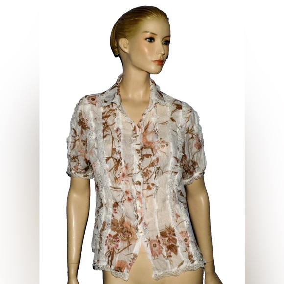 APANAGE GERMANY NEW NWT SIZE 14 L LARGE IVORY FLORAL PRINT RUFFLE LACE BLOUSE - Picture 1 of 7